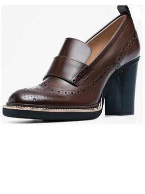 YDN Saddle Brown Chunky High Heels Round Toe Oxford Loafer Dress Shoe